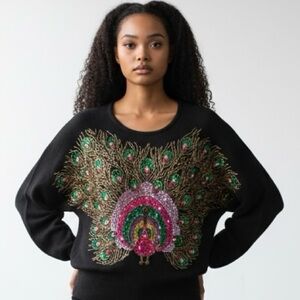 Oleg Cassini Vintage Black Sequined Peacock Sweater. Playful Colorful Chic.